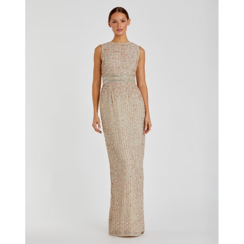 Mac Duggal 93603 Nude Sequin Beaded Column Gown Sleeveless Maxi Dress NWT